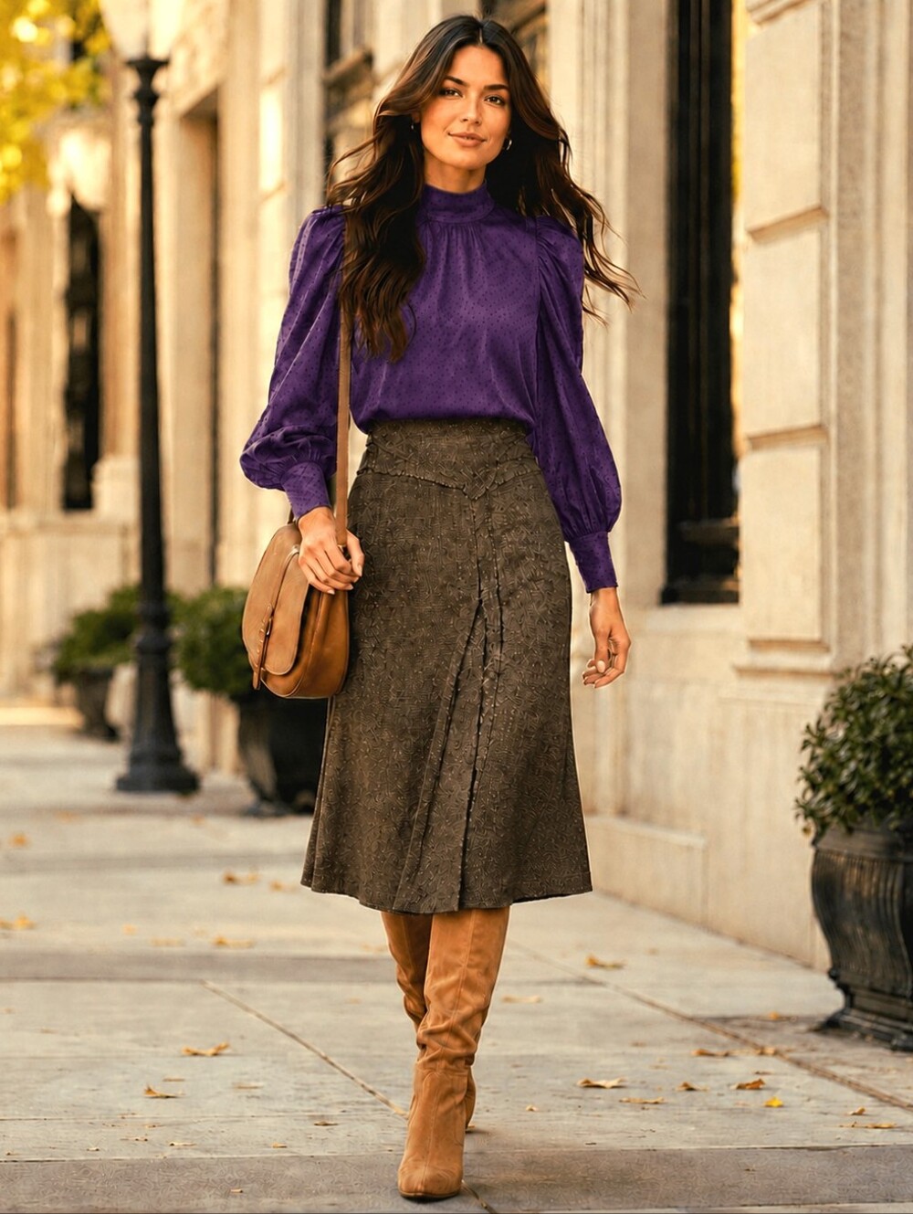 WITCHERY🐞ItalyTweed Neutral Brown Asymmetrical A-Line Midi Skirt Sz:10